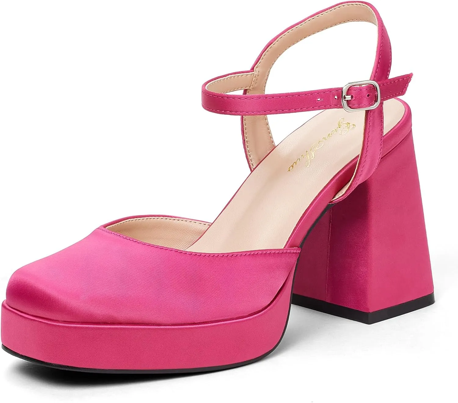 GENSHUO Platform Chunky Heels for Women Block Heel Sandals- 4 inches Closed Square Toe Ankle Strap Buckle Wedding Party Prom Dress Pump Shoes