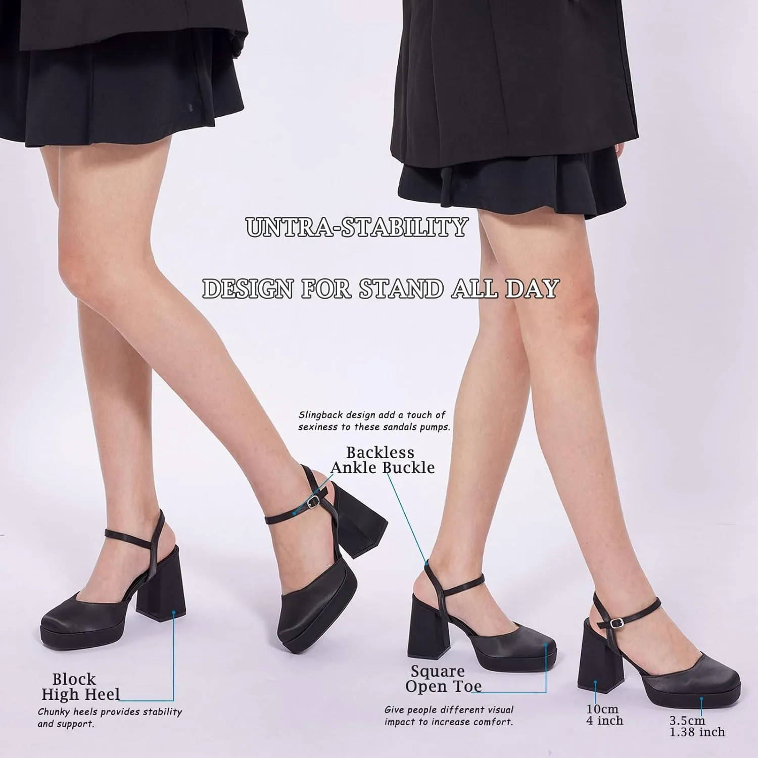 GENSHUO Platform Chunky Heels for Women Block Heel Sandals- 4 inches Closed Square Toe Ankle Strap Buckle Wedding Party Prom Dress Pump Shoes