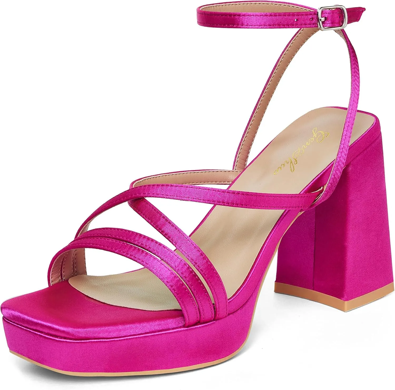 GENSHUO Women's Chunky Platform High Heel Sandals with Ankle Strap and Open Square Toe - 4 Inches Heels