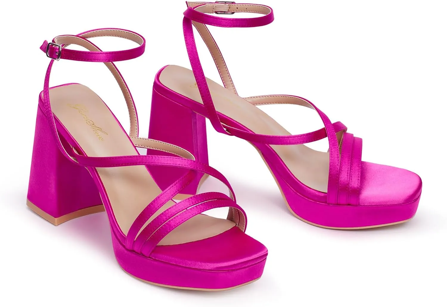 GENSHUO Women's Chunky Platform High Heel Sandals with Ankle Strap and Open Square Toe - 4 Inches Heels