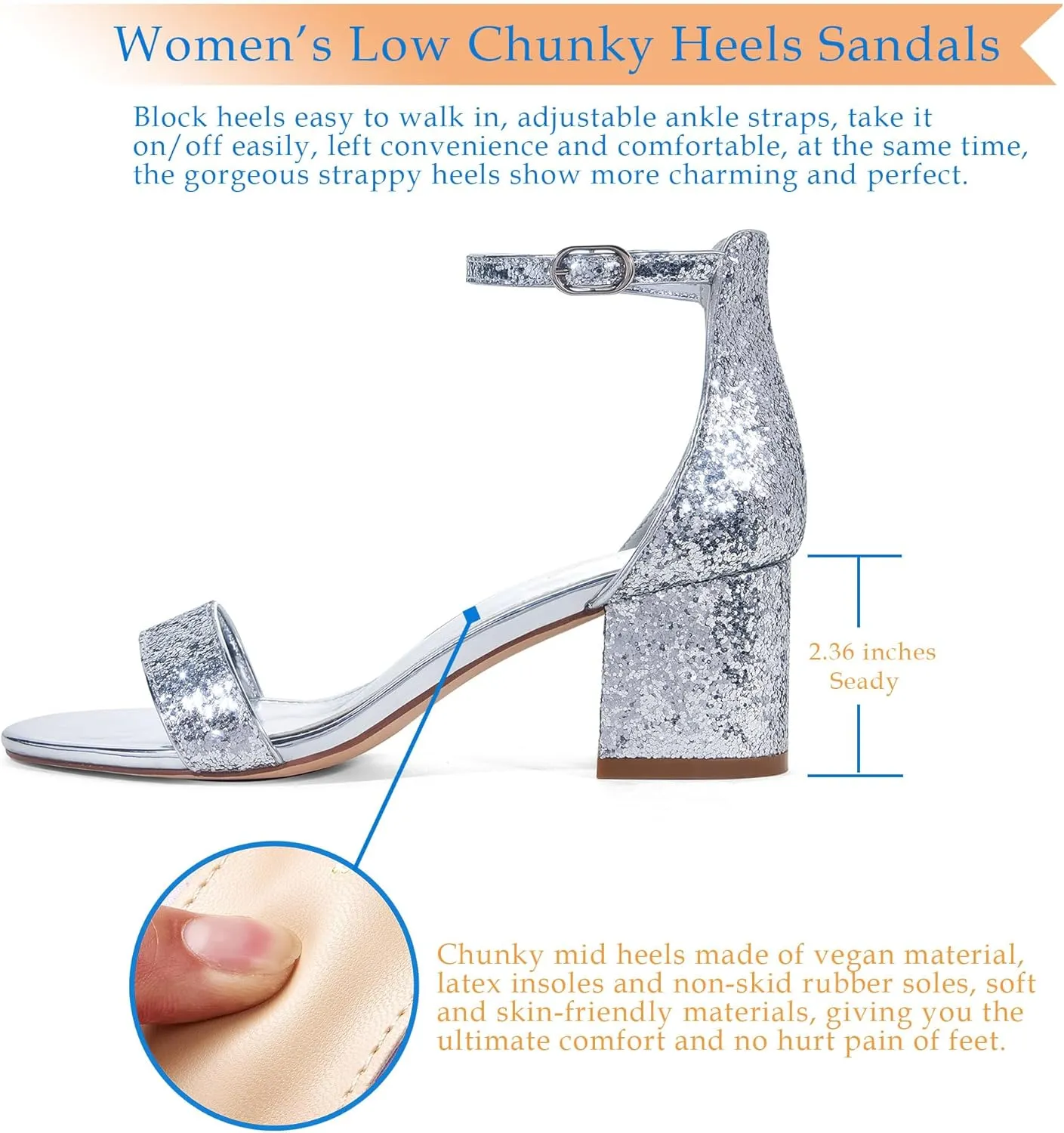 GENSHUO Women's Low Kitten Heel Sandals Strappy Open Square Toe Dress Heels Comfortable Sexy Cute Ankle Strap Wedding Party Prom Summer Heeled Shoes