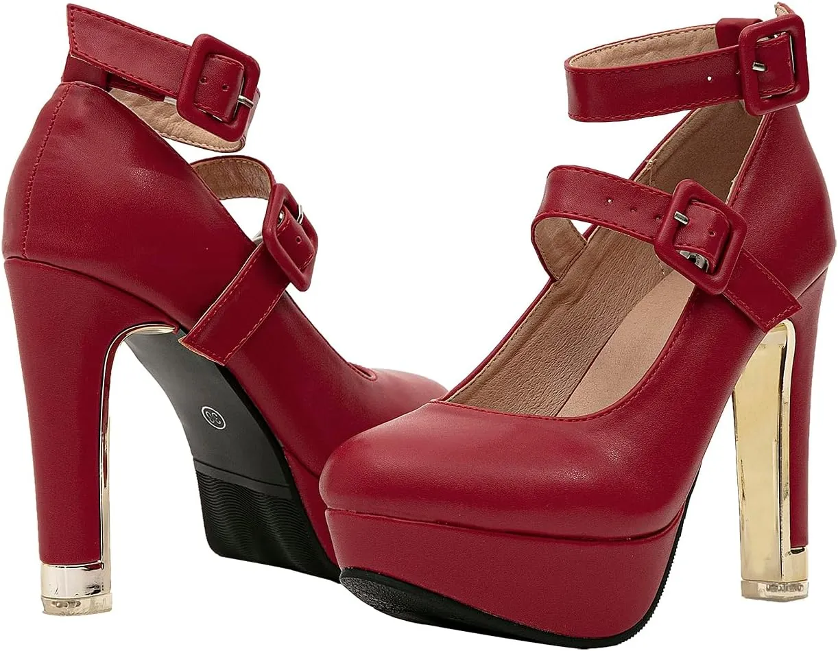 getmorebeauty Women's Block High Heels Platform Pumps Double Ankle Straps Closed Toe Mary Jane Dress Sandals Shoes