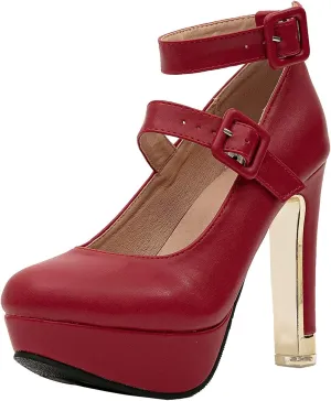 getmorebeauty Women's Block High Heels Platform Pumps Double Ankle Straps Closed Toe Mary Jane Dress Sandals Shoes