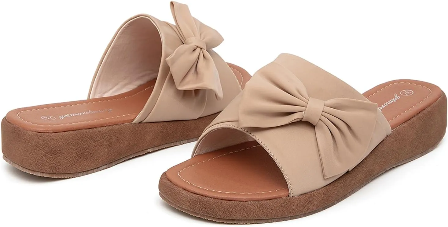 getmorebeauty Women's Cute Bow Wedge Sandals Slip On Open Toe Mules Clogs Slides Sandals Summer Shoes