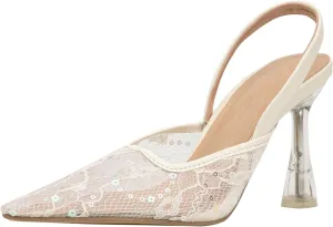 getmorebeauty Women's Kitten Sequin Slingback Heels Pumps Sandals Lace Mesh Pointed Toe Bridal Wedding Shoes