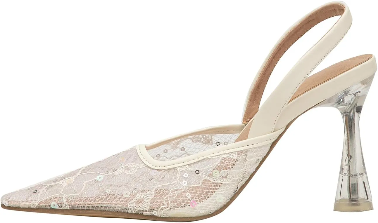 getmorebeauty Women's Kitten Sequin Slingback Heels Pumps Sandals Lace Mesh Pointed Toe Bridal Wedding Shoes