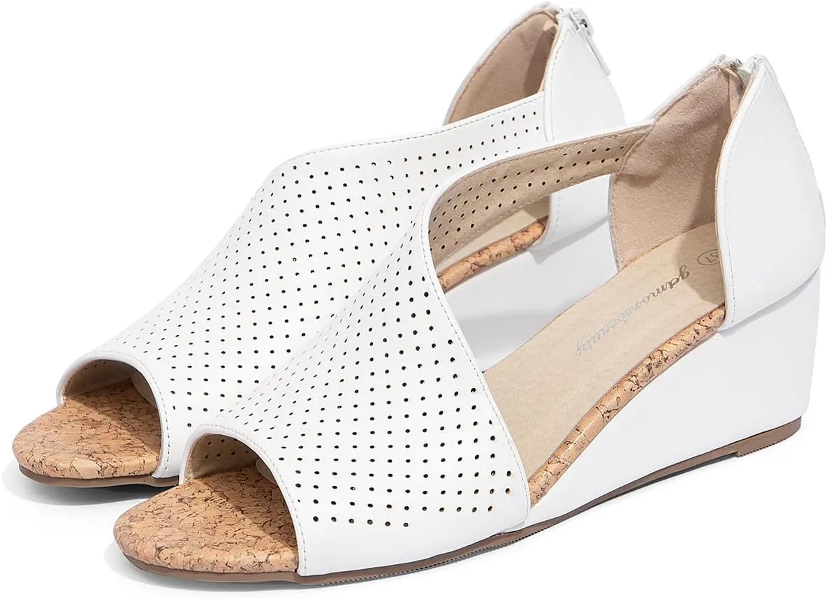getmorebeauty Women's Side Cutout Wedge Sandals Back Zipper Open Toe Slides Breathable Hollow Mid Heel Summer Shoes