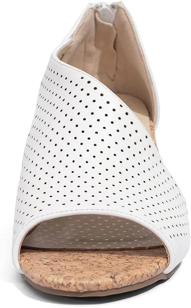 getmorebeauty Women's Side Cutout Wedge Sandals Back Zipper Open Toe Slides Breathable Hollow Mid Heel Summer Shoes