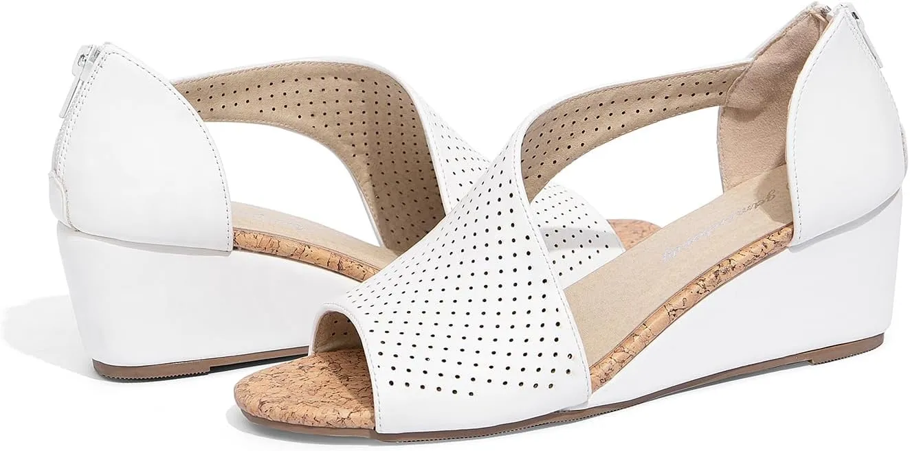 getmorebeauty Women's Side Cutout Wedge Sandals Back Zipper Open Toe Slides Breathable Hollow Mid Heel Summer Shoes