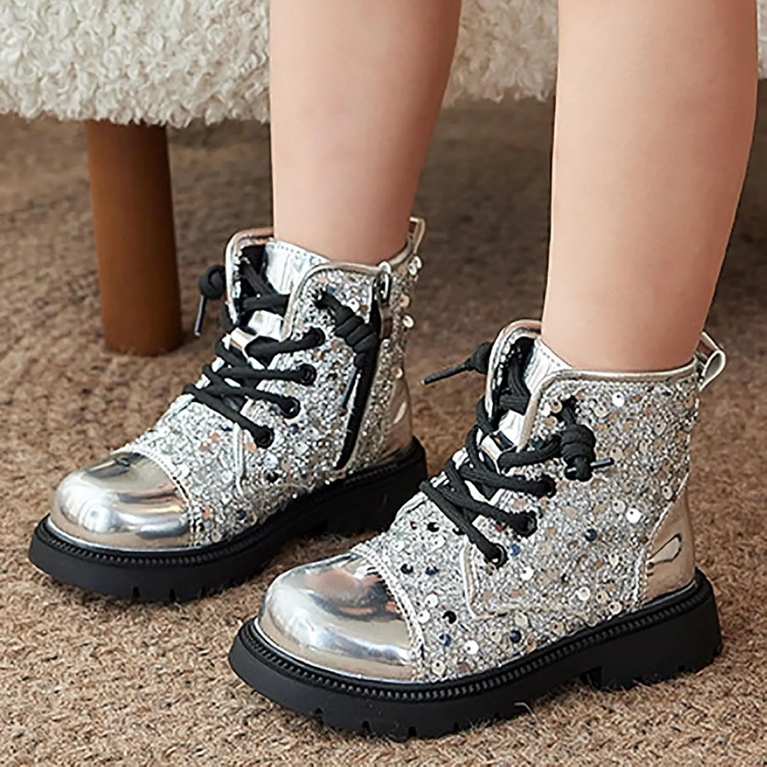 Girls Ankle Boots Kids Fashion Sequined Short Booties Casual Lace Up Platform Combat Boots Soft Sole Walking Shoes
