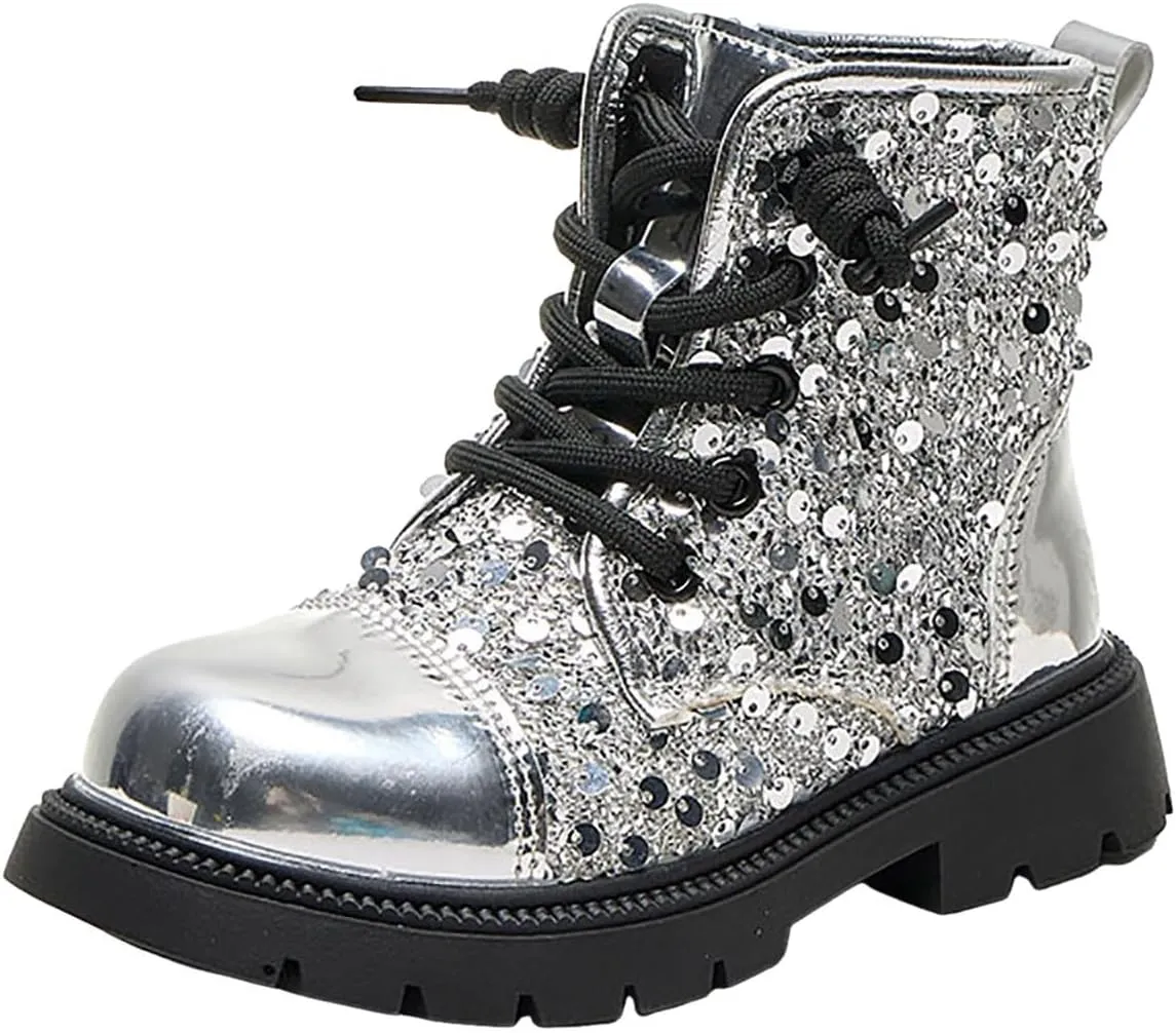Girls Ankle Boots Kids Fashion Sequined Short Booties Casual Lace Up Platform Combat Boots Soft Sole Walking Shoes