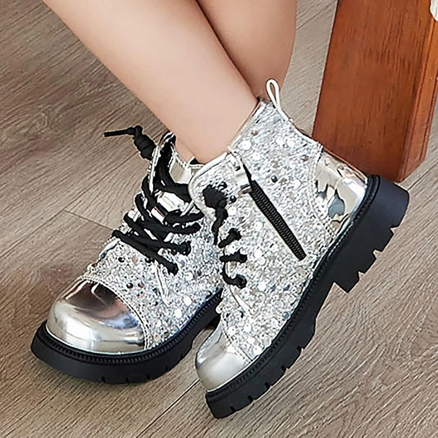 Girls Ankle Boots Kids Fashion Sequined Short Booties Casual Lace Up Platform Combat Boots Soft Sole Walking Shoes