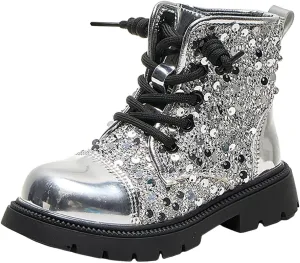 Girls Ankle Boots Kids Fashion Sequined Short Booties Casual Lace Up Platform Combat Boots Soft Sole Walking Shoes