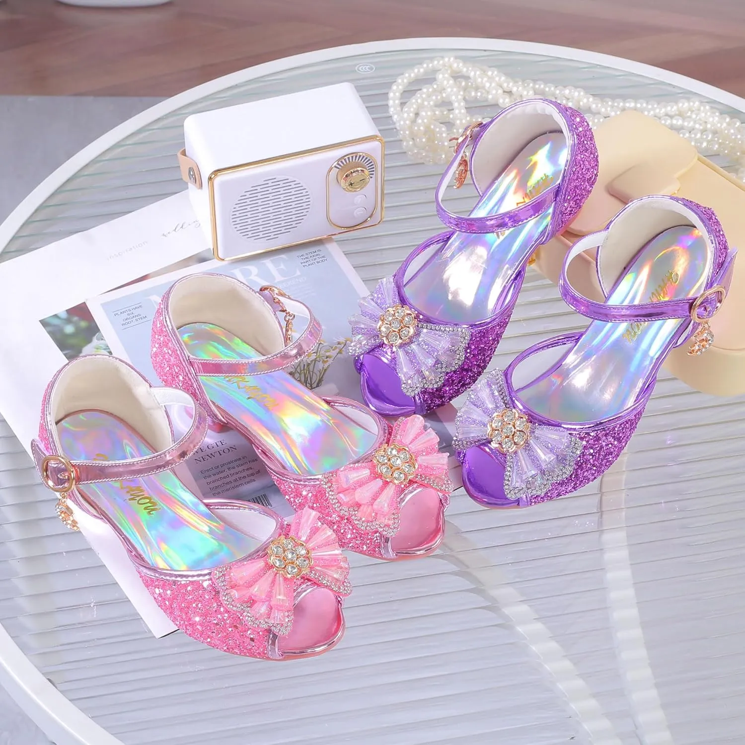 Girls Shoes Sparkle Mary Jane Low Heel Princess Flower Wedding Party Dress Shoes