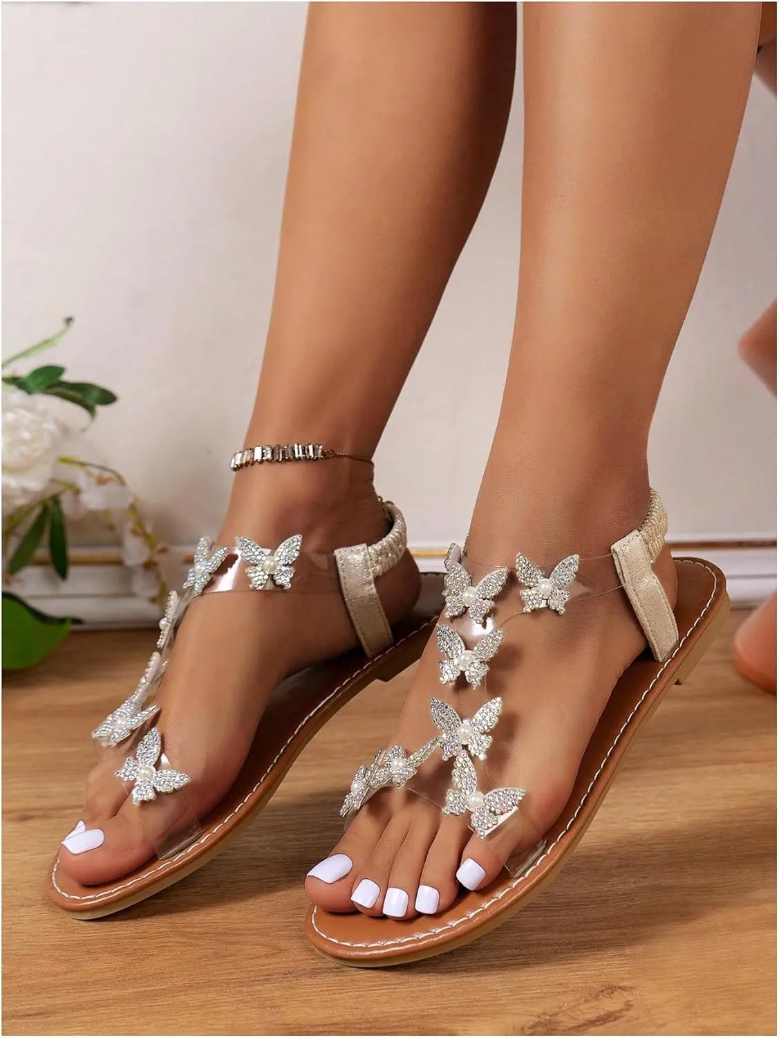 GORGLITTER Women's Clear Butterfly Ankle Strap Sandals Dressy Cute Strappy Wedding Vacation Bridal Flats Sandal 2025