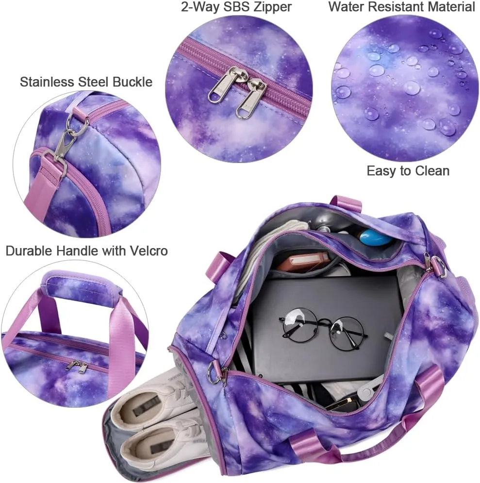 Gym Duffel Bag for Girls Weekender Overnight Bag with Wet Pocket Shoes Compartment Sports Dance Bag for Girls Teens Travel Duffle