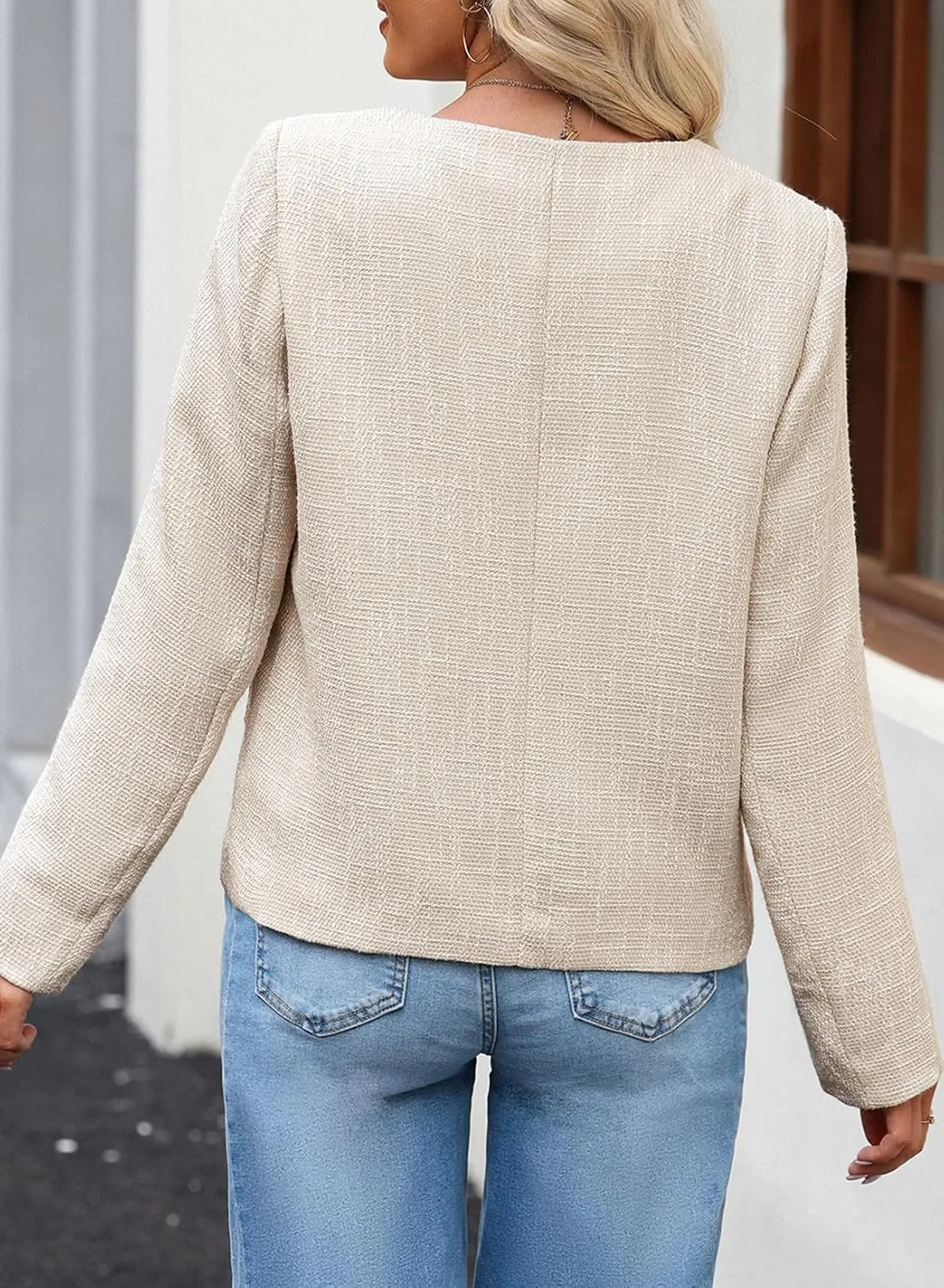 Happy Sailed Womens Cropped Tweed Blazers Casual Long Sleeve Double Breasted Open Front Blazer Jackets Work Suits