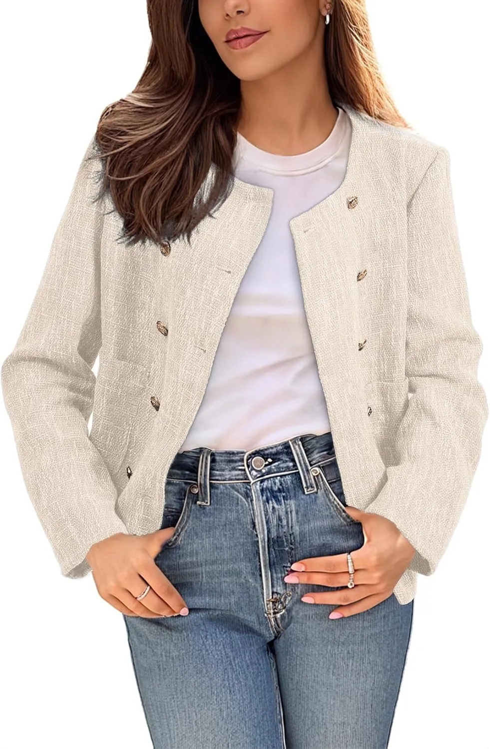 Happy Sailed Womens Cropped Tweed Blazers Casual Long Sleeve Double Breasted Open Front Blazer Jackets Work Suits
