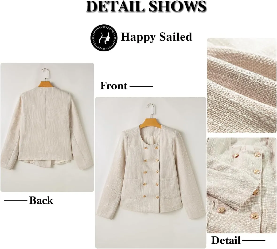 Happy Sailed Womens Cropped Tweed Blazers Casual Long Sleeve Double Breasted Open Front Blazer Jackets Work Suits