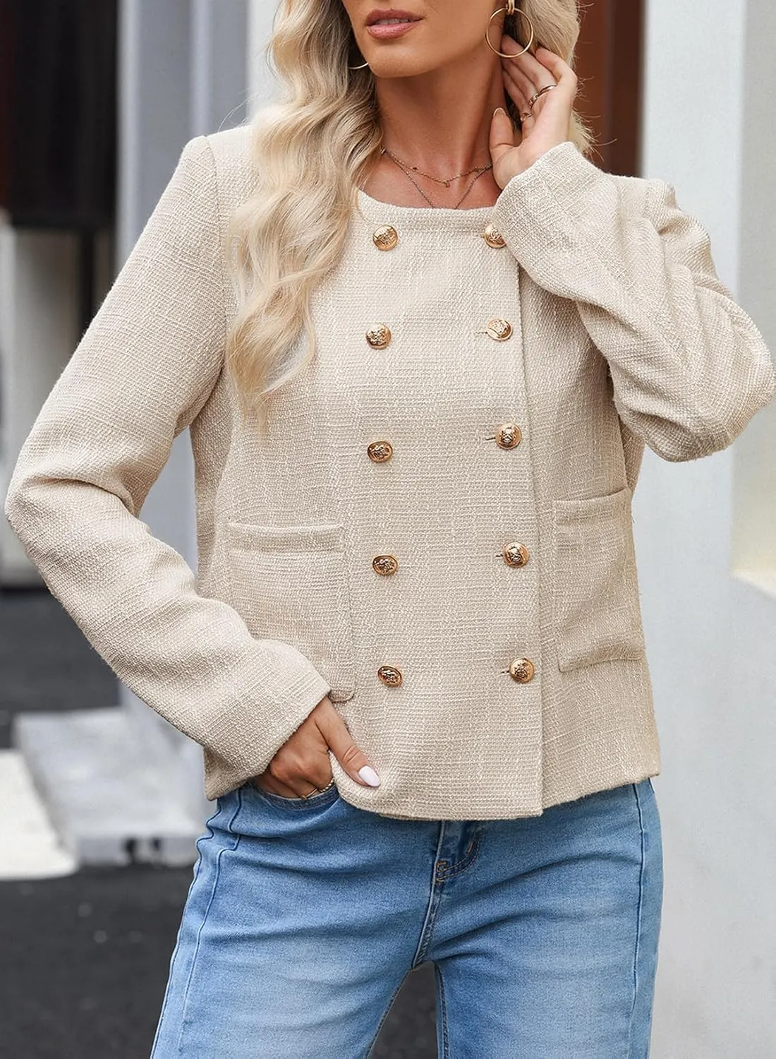Happy Sailed Womens Cropped Tweed Blazers Casual Long Sleeve Double Breasted Open Front Blazer Jackets Work Suits