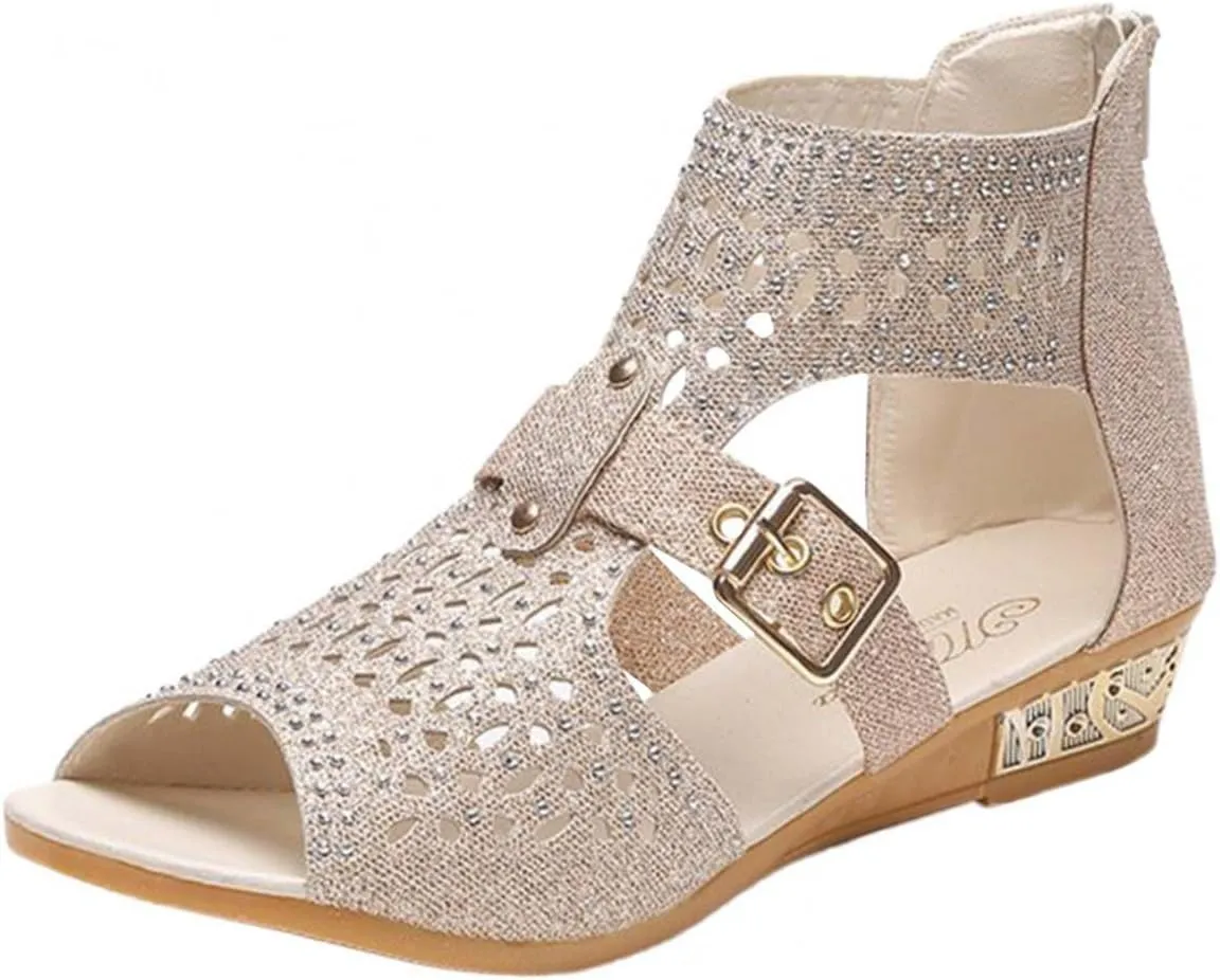 Hbeylia Flat Sandals for Women,Rhinestones Hollow Out Peep Toe Cross Strap Sandals for Womens Glitter Zipper Roman Gladiator Sandals Shoes Summer Casual Daily Sandals