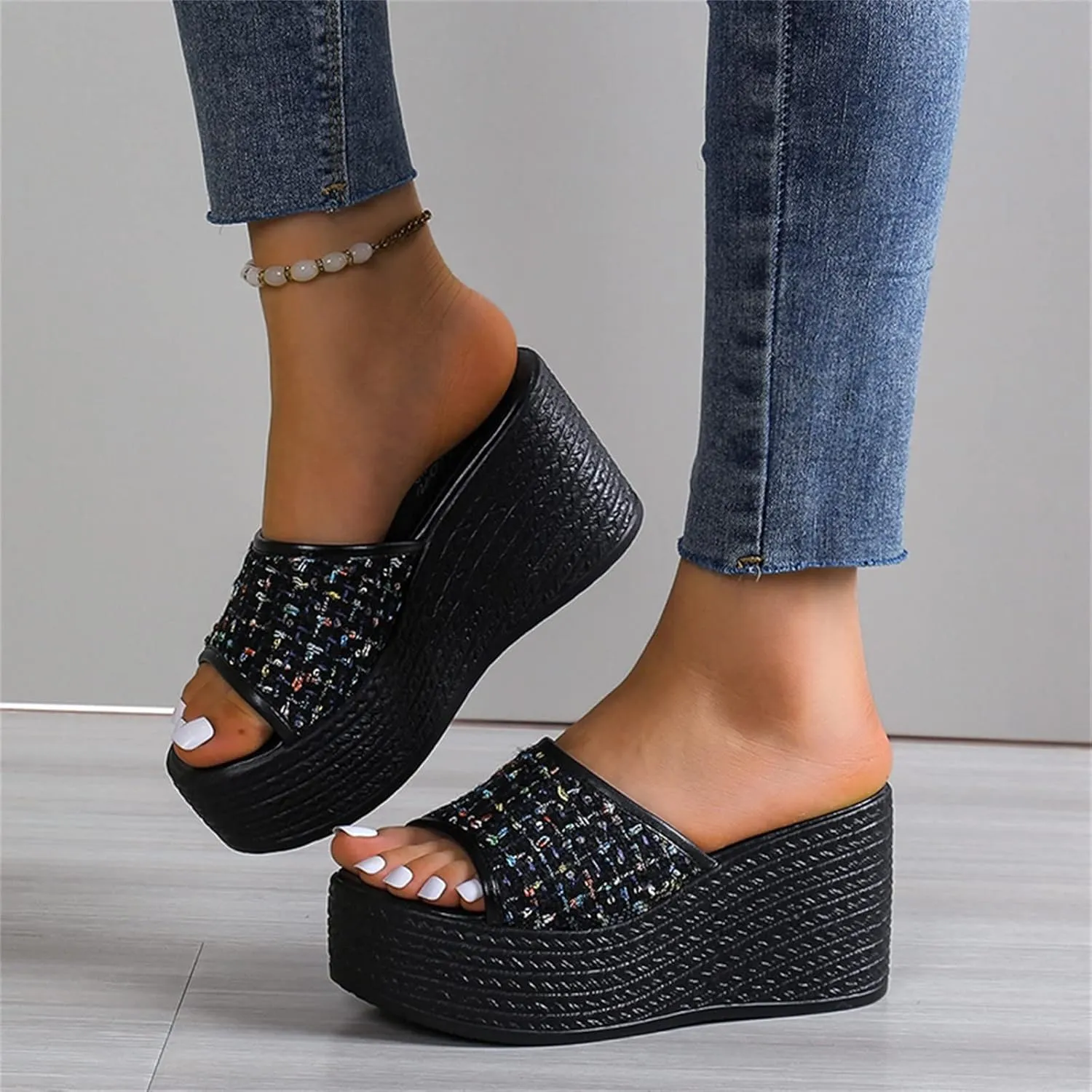 Hbeylia Platform Slides for Women Chunky Fashion Women's Cloth Strap Peep Toe Slide Sandals Open Toe Wedge Chunky High Heels Sandal for Summer Casual Wear Lady Girls