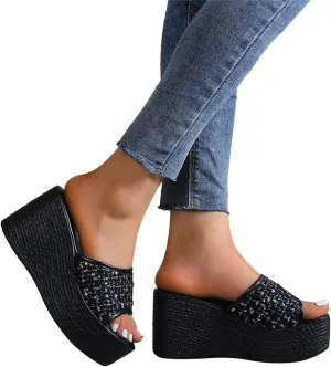Hbeylia Platform Slides for Women Chunky Fashion Women's Cloth Strap Peep Toe Slide Sandals Open Toe Wedge Chunky High Heels Sandal for Summer Casual Wear Lady Girls