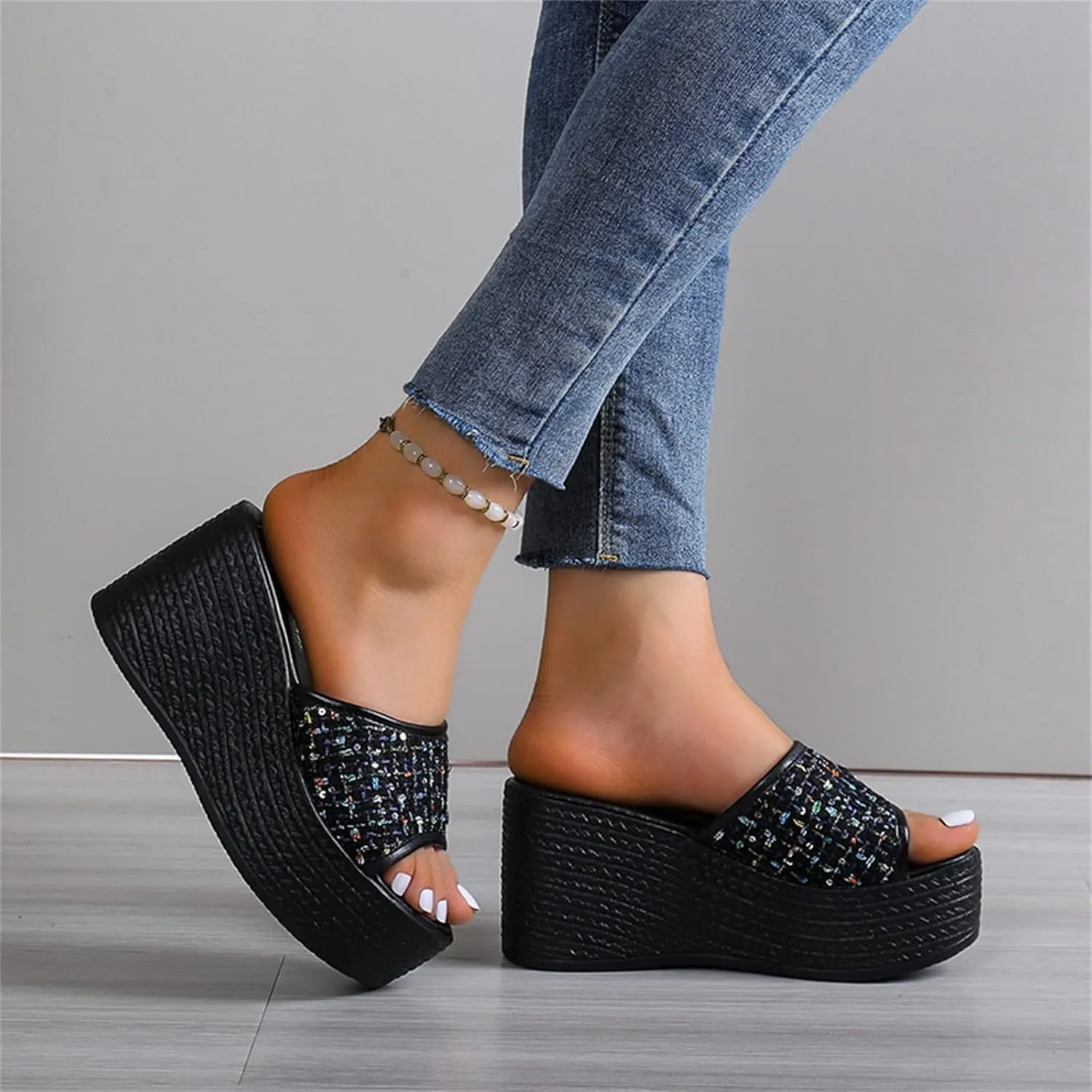 Hbeylia Platform Slides for Women Chunky Fashion Women's Cloth Strap Peep Toe Slide Sandals Open Toe Wedge Chunky High Heels Sandal for Summer Casual Wear Lady Girls