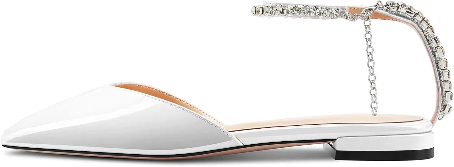 HDEUOLM Women Chunky Block Low Heel Pointed Toe Pumps Ankle Strap Slingback Rhinestone Crystal Wedding Dress Flats Shoes