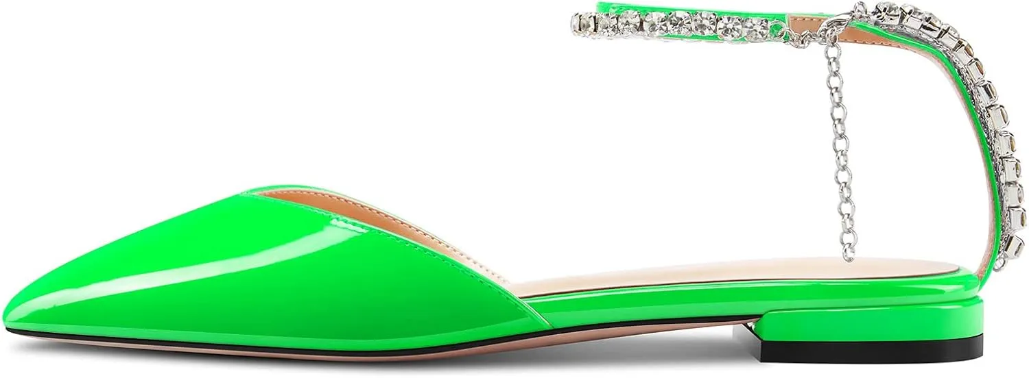 HDEUOLM Women Chunky Block Low Heel Pointed Toe Pumps Ankle Strap Slingback Rhinestone Crystal Wedding Dress Flats Shoes