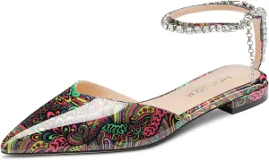 HDEUOLM Women Chunky Block Low Heel Pointed Toe Pumps Ankle Strap Slingback Rhinestone Crystal Wedding Dress Flats Shoes