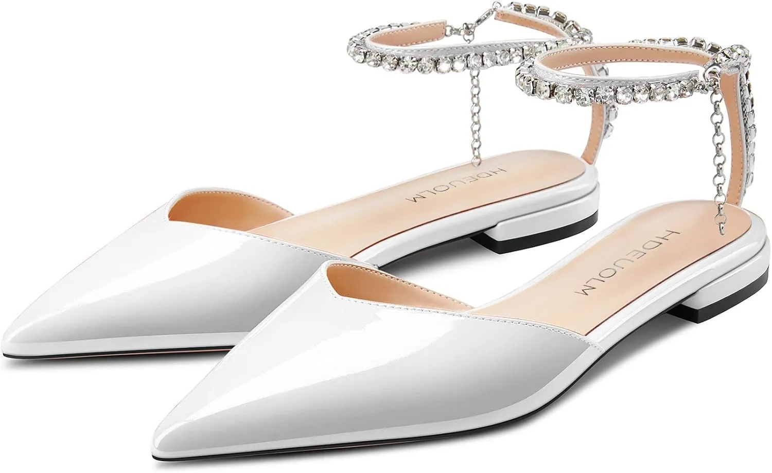 HDEUOLM Women Chunky Block Low Heel Pointed Toe Pumps Ankle Strap Slingback Rhinestone Crystal Wedding Dress Flats Shoes