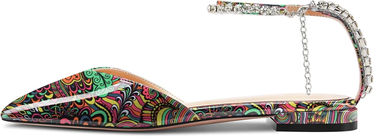 HDEUOLM Women Chunky Block Low Heel Pointed Toe Pumps Ankle Strap Slingback Rhinestone Crystal Wedding Dress Flats Shoes