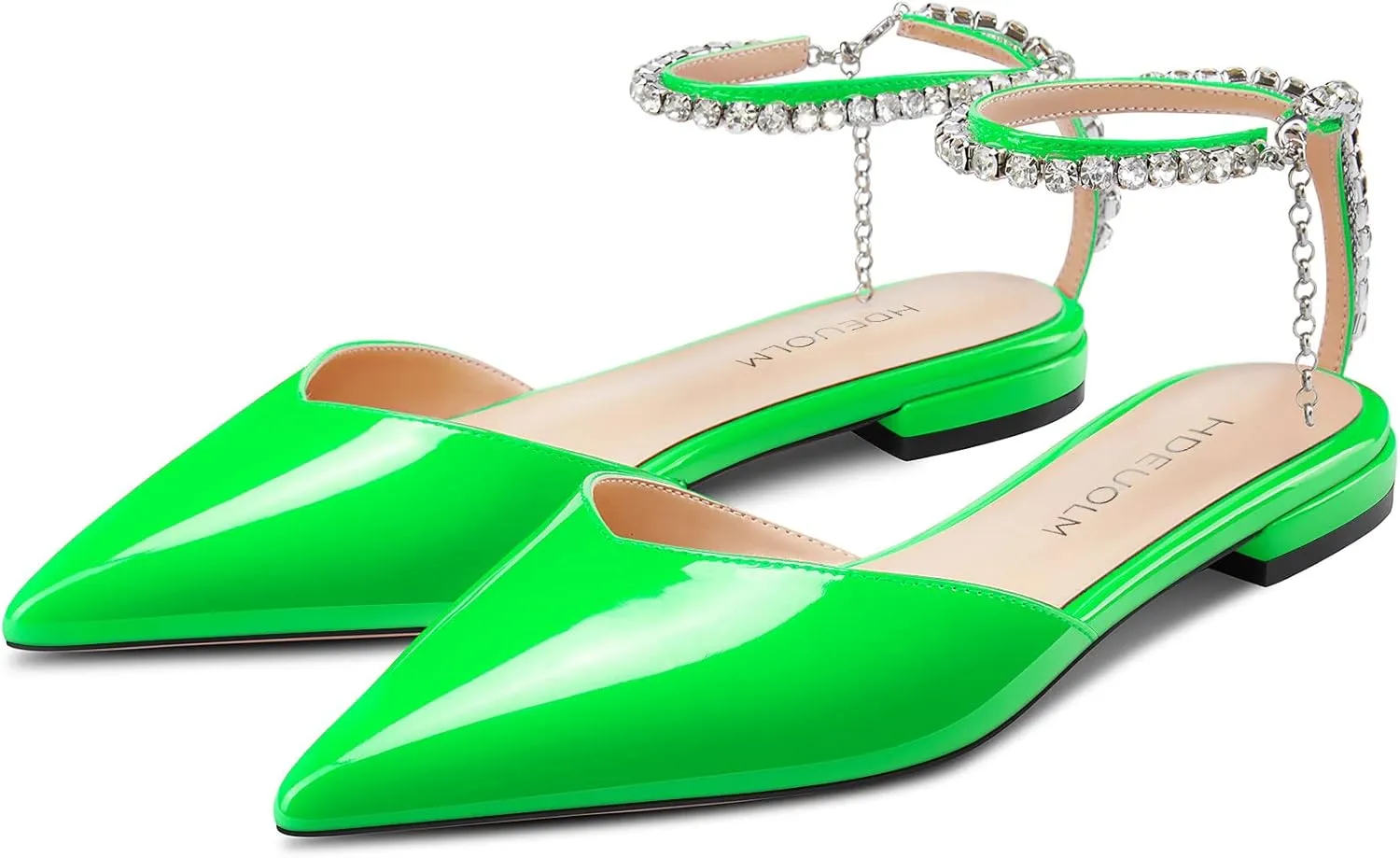 HDEUOLM Women Chunky Block Low Heel Pointed Toe Pumps Ankle Strap Slingback Rhinestone Crystal Wedding Dress Flats Shoes