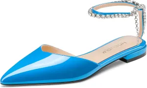 HDEUOLM Women Chunky Block Low Heel Pointed Toe Pumps Ankle Strap Slingback Rhinestone Crystal Wedding Dress Flats Shoes