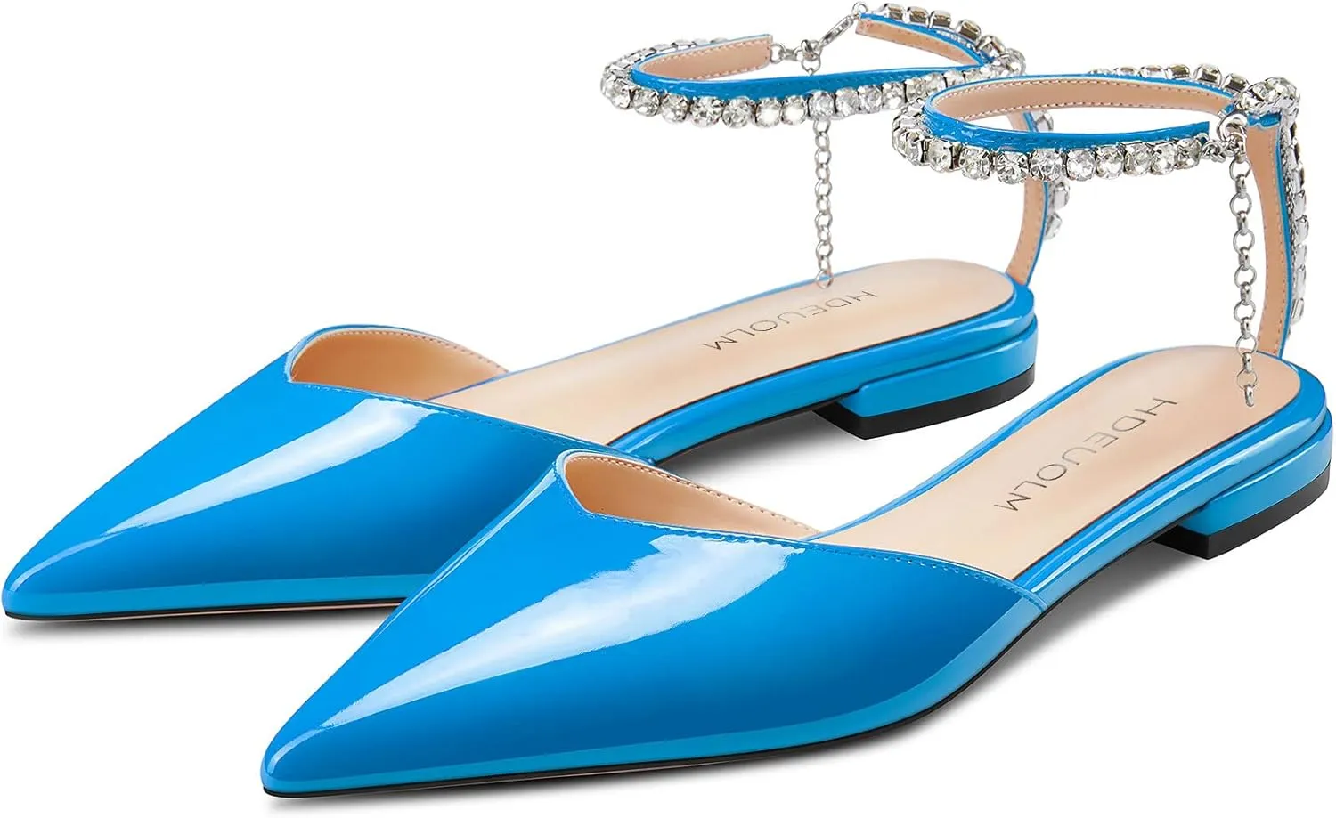 HDEUOLM Women Chunky Block Low Heel Pointed Toe Pumps Ankle Strap Slingback Rhinestone Crystal Wedding Dress Flats Shoes