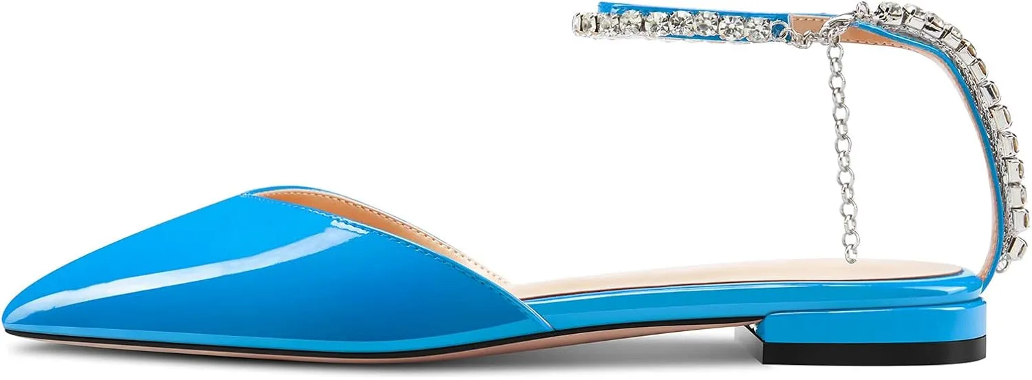 HDEUOLM Women Chunky Block Low Heel Pointed Toe Pumps Ankle Strap Slingback Rhinestone Crystal Wedding Dress Flats Shoes