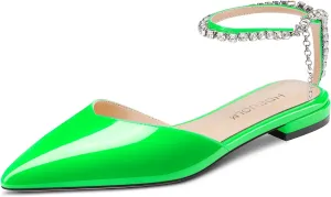 HDEUOLM Women Chunky Block Low Heel Pointed Toe Pumps Ankle Strap Slingback Rhinestone Crystal Wedding Dress Flats Shoes
