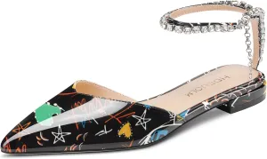 HDEUOLM Women Chunky Block Low Heel Pointed Toe Pumps Ankle Strap Slingback Rhinestone Crystal Wedding Dress Flats Shoes