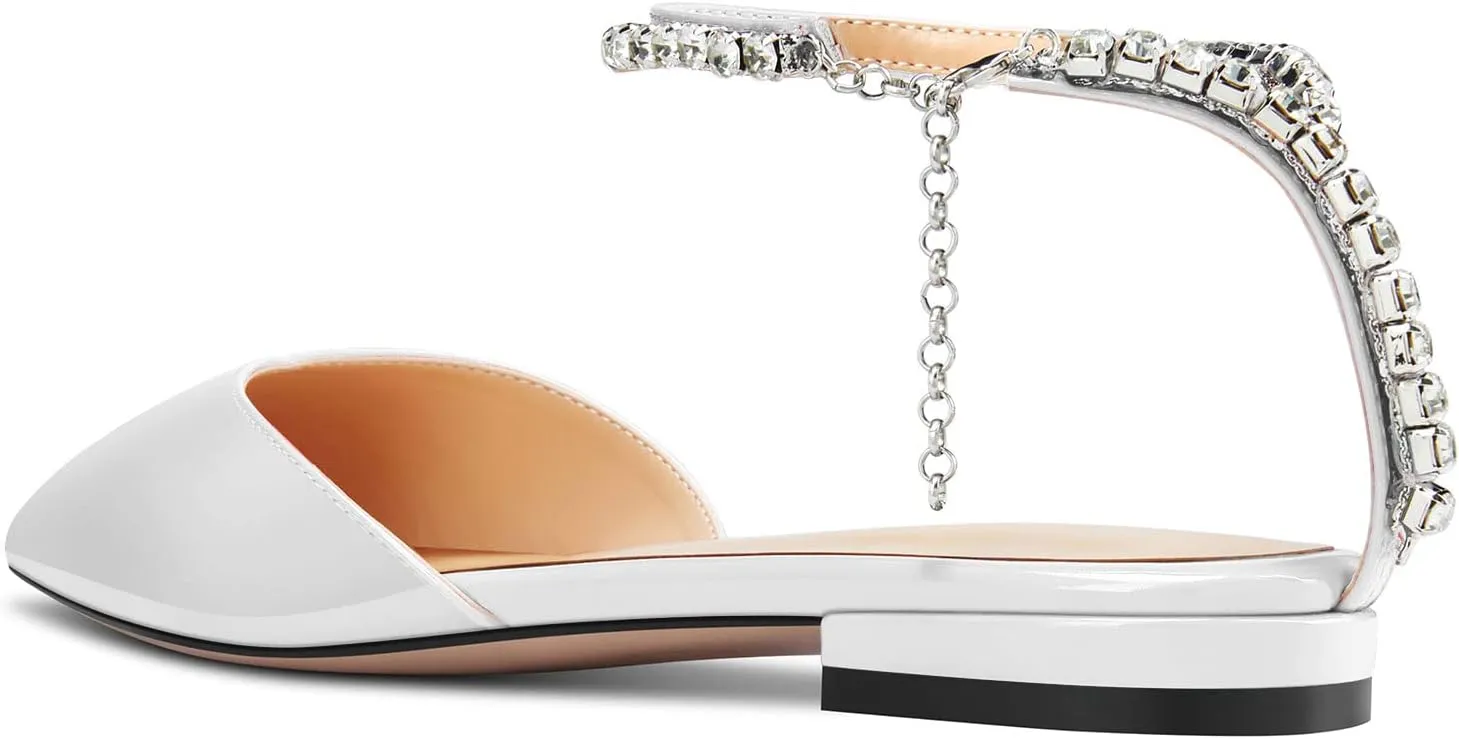 HDEUOLM Women Chunky Block Low Heel Pointed Toe Pumps Ankle Strap Slingback Rhinestone Crystal Wedding Dress Flats Shoes