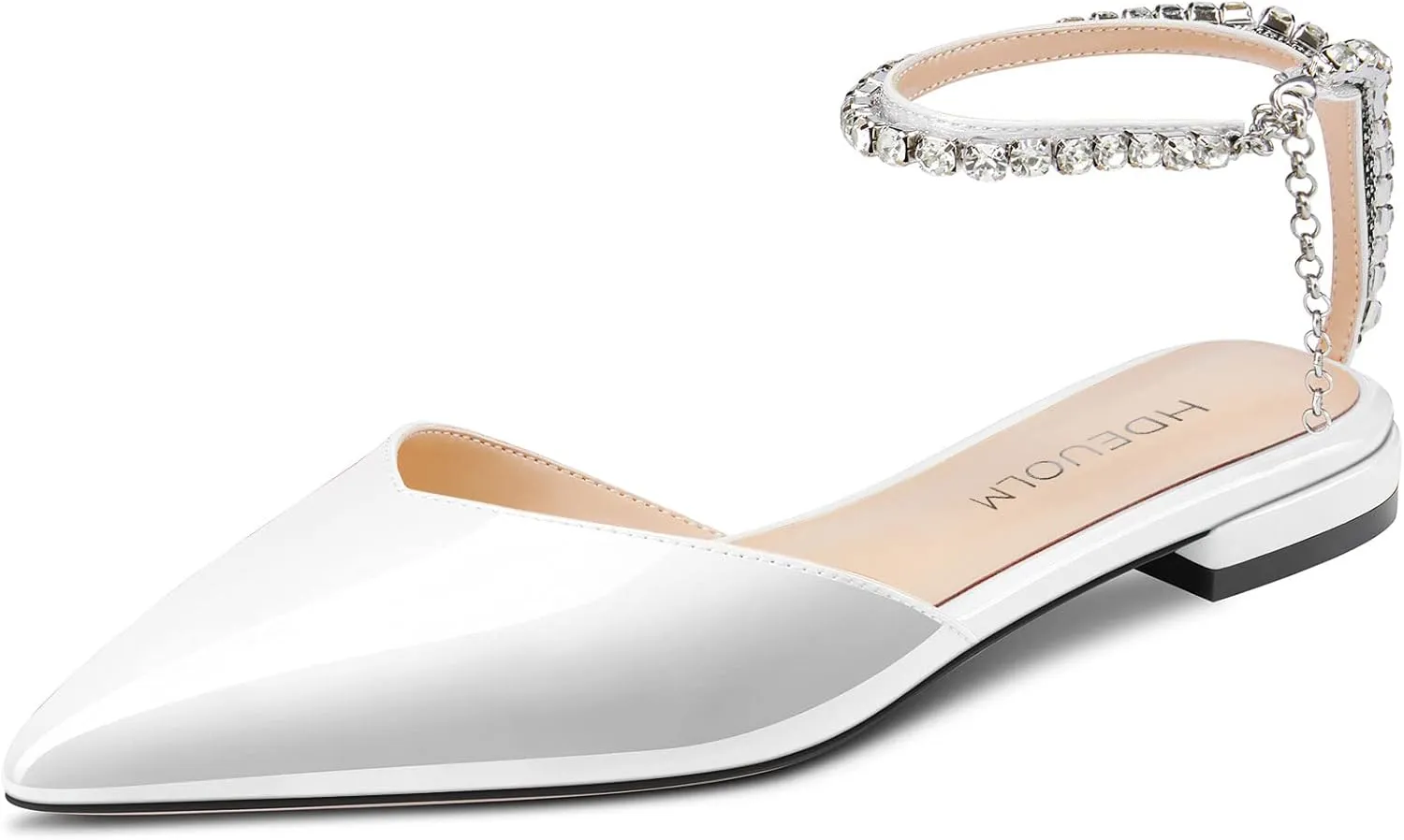 HDEUOLM Women Chunky Block Low Heel Pointed Toe Pumps Ankle Strap Slingback Rhinestone Crystal Wedding Dress Flats Shoes