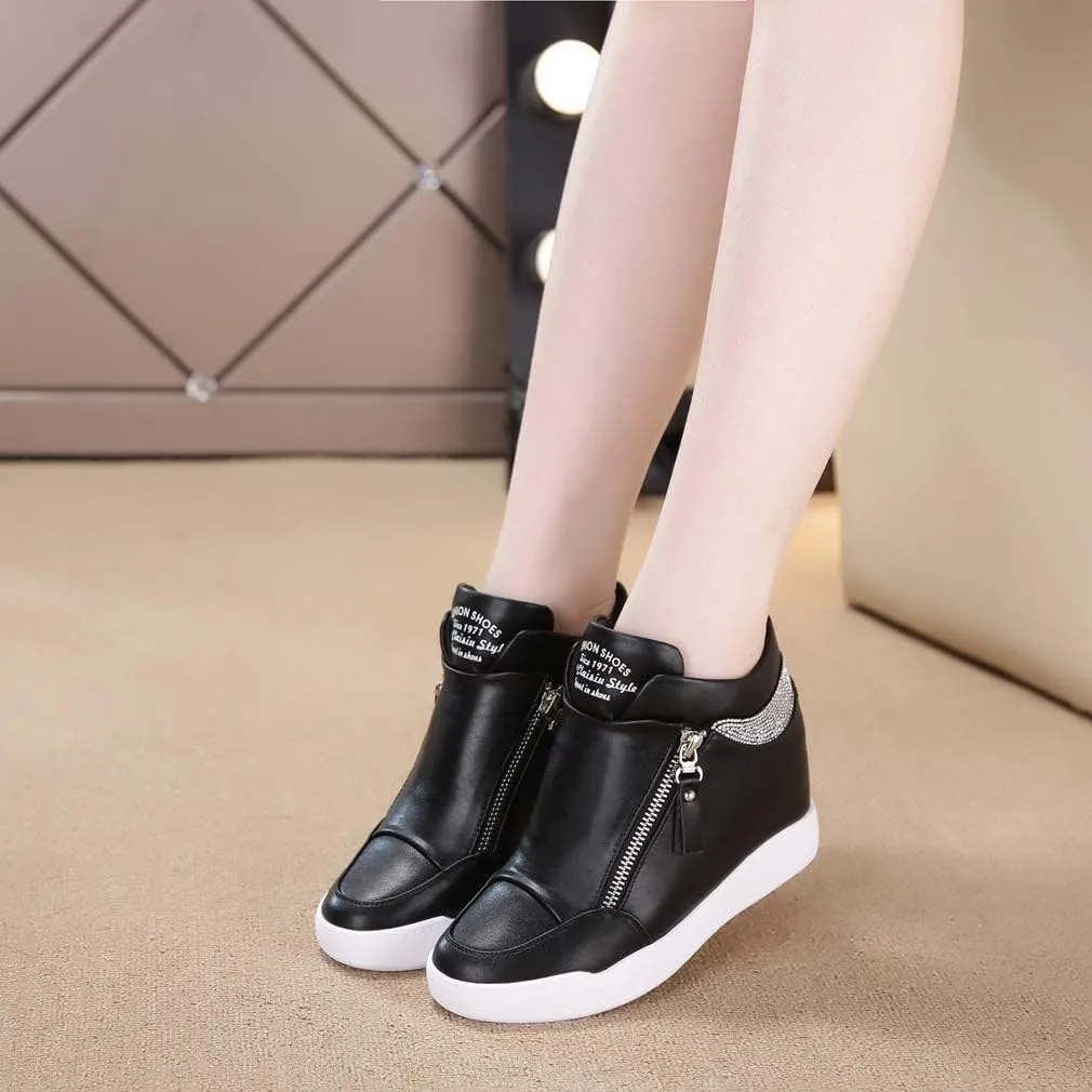 HINDOLA Womens Fashion Platform Shoes Hidden Wedge Heel High Top Sneakers for Women Rhinestone Boots Working Shoes Women