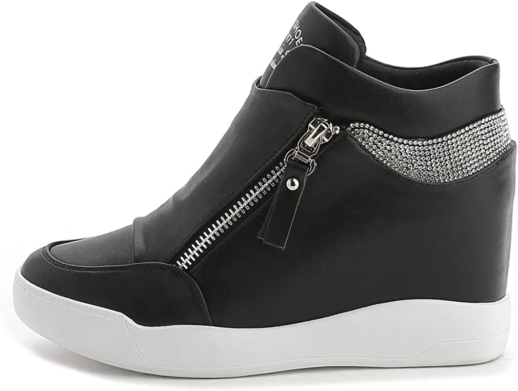 HINDOLA Womens Fashion Platform Shoes Hidden Wedge Heel High Top Sneakers for Women Rhinestone Boots Working Shoes Women