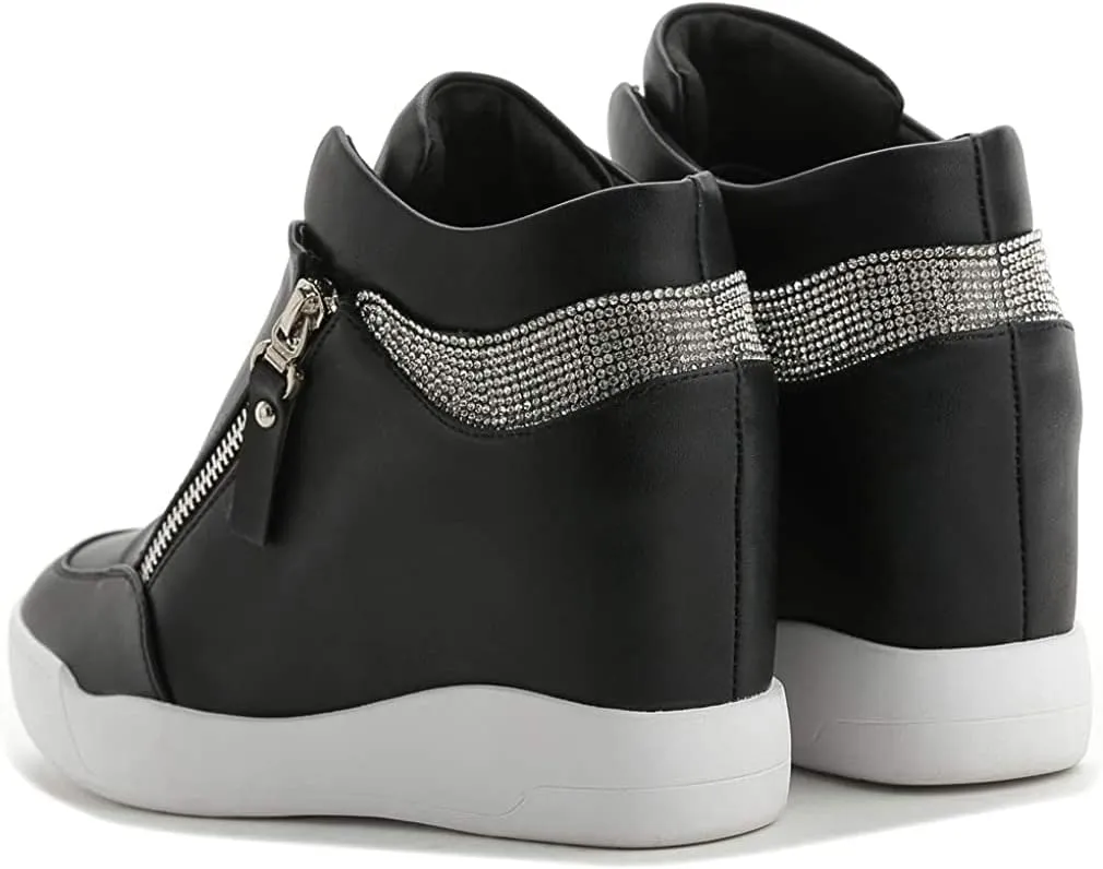 HINDOLA Womens Fashion Platform Shoes Hidden Wedge Heel High Top Sneakers for Women Rhinestone Boots Working Shoes Women