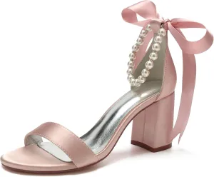 Hyinlays Chunky Block Heels for Women High Heel with Pearls Ankle Strap Wedding Shoes Open Toe Heels Dressy Pumps Sandals