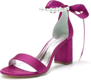 Hyinlays Chunky Block Heels for Women High Heel with Pearls Ankle Strap Wedding Shoes Open Toe Heels Dressy Pumps Sandals