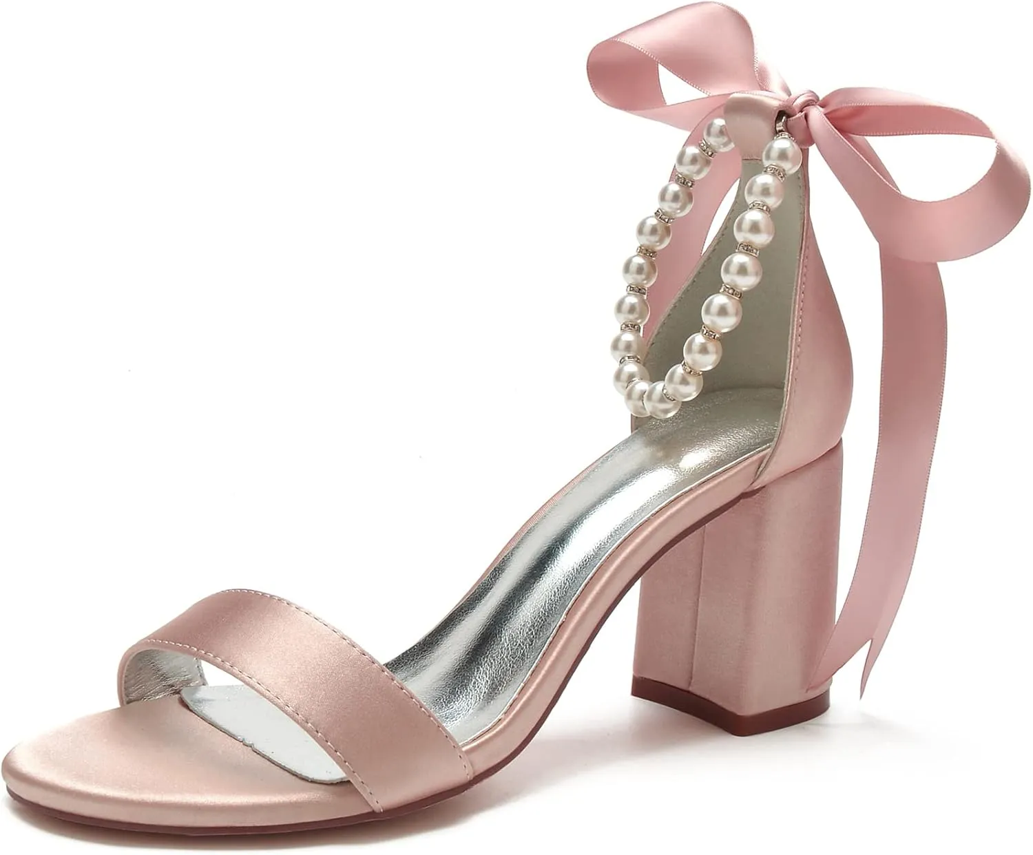 Hyinlays Chunky Block Heels for Women High Heel with Pearls Ankle Strap Wedding Shoes Open Toe Heels Dressy Pumps Sandals