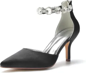 Hyinlays Women's Closed Pointed Toe High Heel Satin Ankle Strap Pumps Wedding Bridal Evening Party Dress Shoes