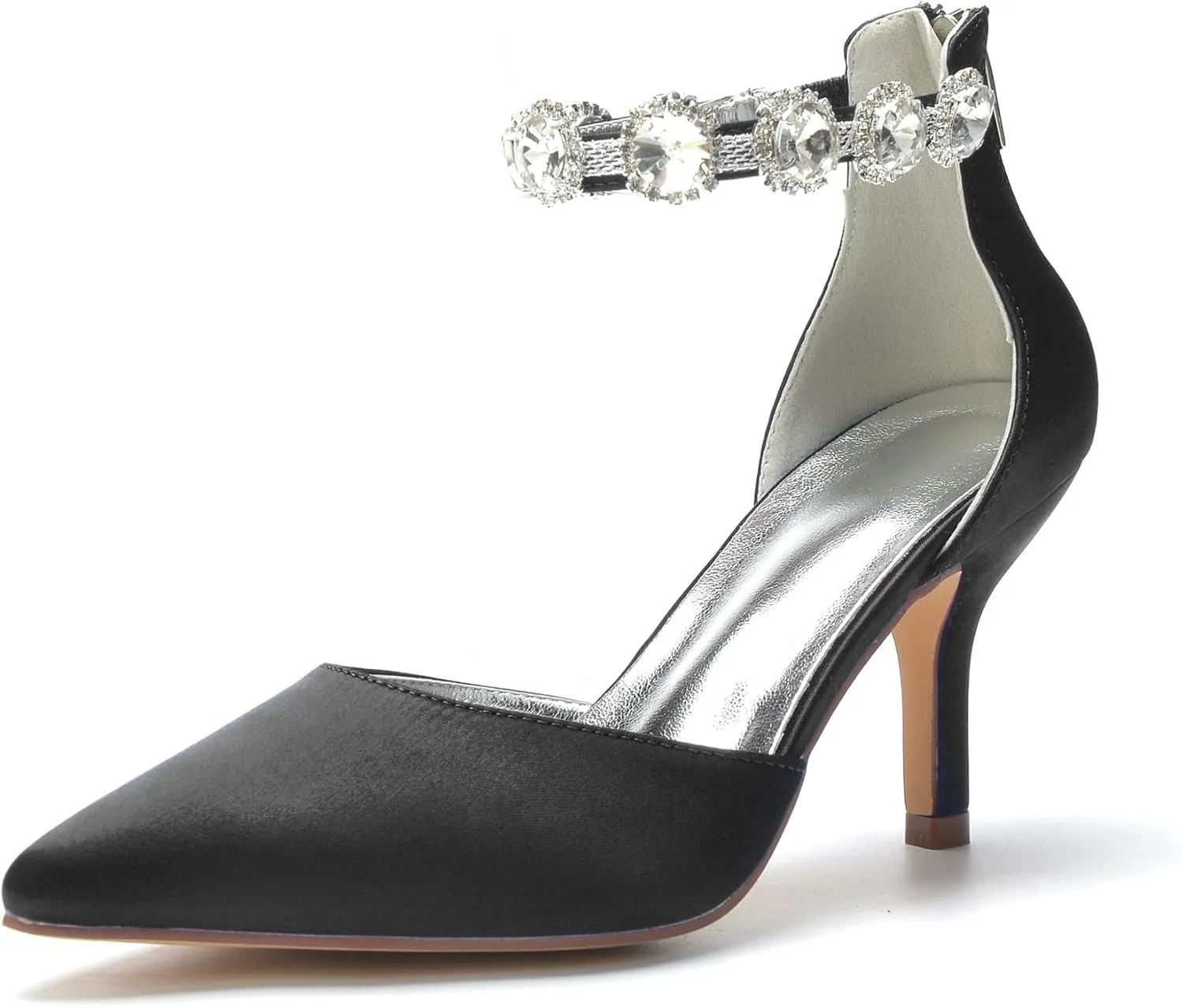 Hyinlays Women's Closed Pointed Toe High Heel Satin Ankle Strap Pumps Wedding Bridal Evening Party Dress Shoes