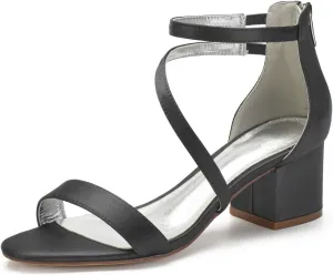 Hyinlays Women's Low Wedding Heel Open Toe Ankle Strap Block Chunky Heels Sandals for Bride Evening Party Dress Pump Shoes